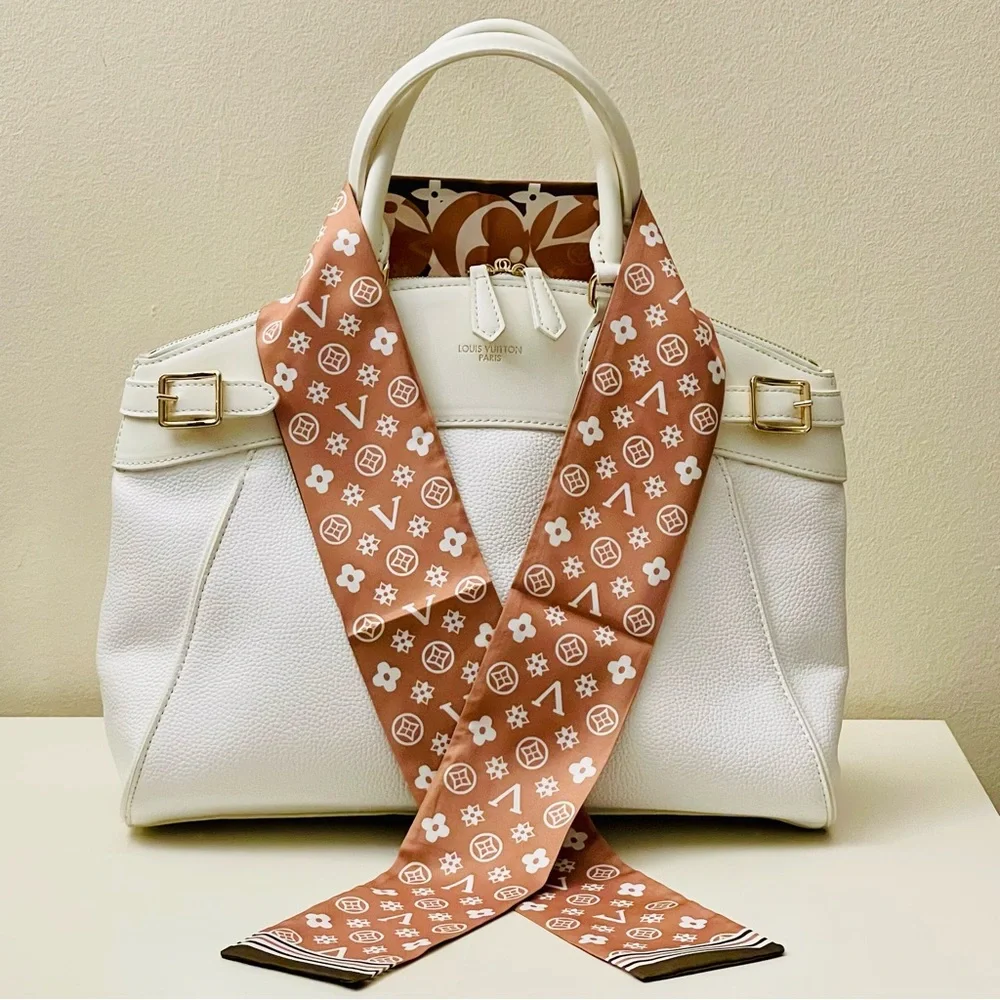 Big Twilly: Luxe Silk Twilly Scarf - Brown & Cream Monogram Print